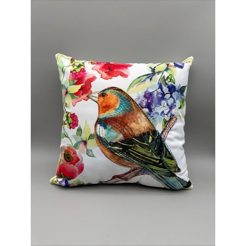 Pretty Birdie Embroidered Bird Floral Throw Pillow 17x17 Cottagecore Roses